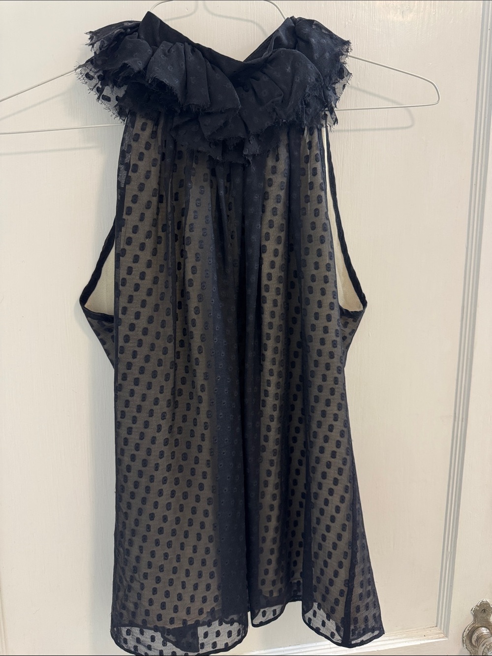 Milly Black Sheer Polka Dot Halter with Ruffled Neckline